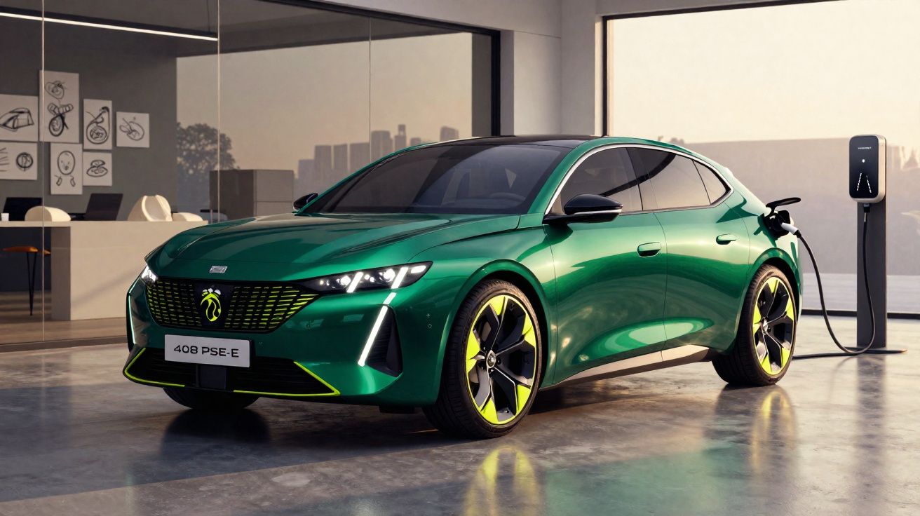 Carro elétrico verde com detalhes amarelos a carregar numa estação de carregamento num espaço moderno.