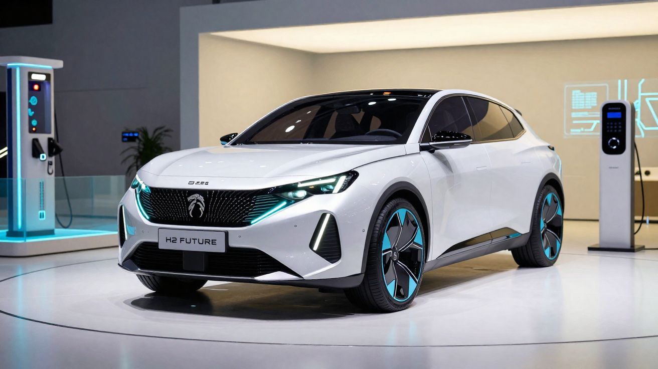 Carro elétrico branco com design futurista exposto em plataforma circular numa feira tecnológica.