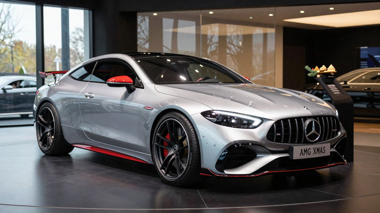 Carro desportivo Mercedes-Benz AMG prata com detalhes vermelhos em showroom moderno.