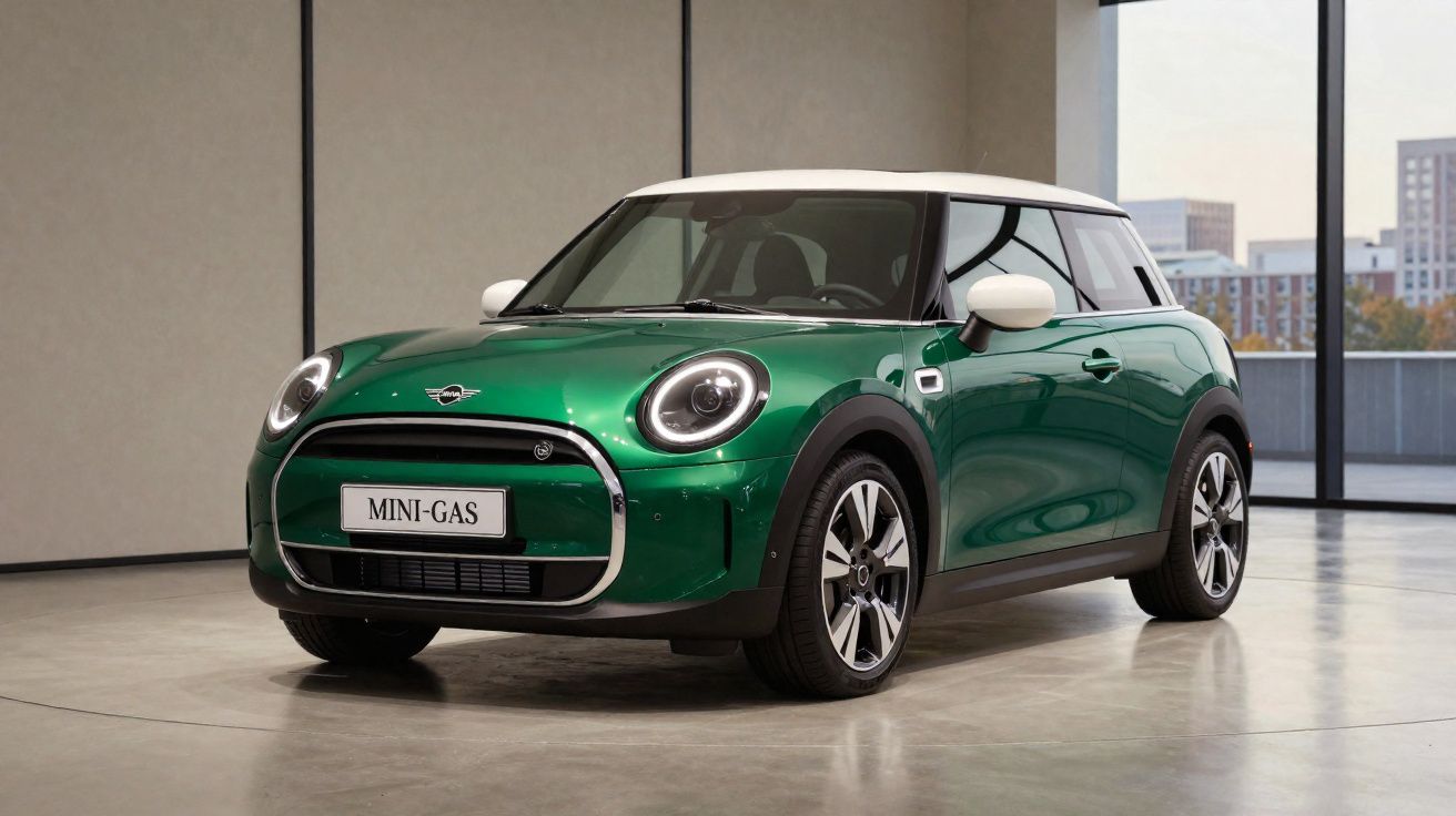 Carro MINI verde com tejadilho branco estacionado num espaço interior moderno com janelas amplas.