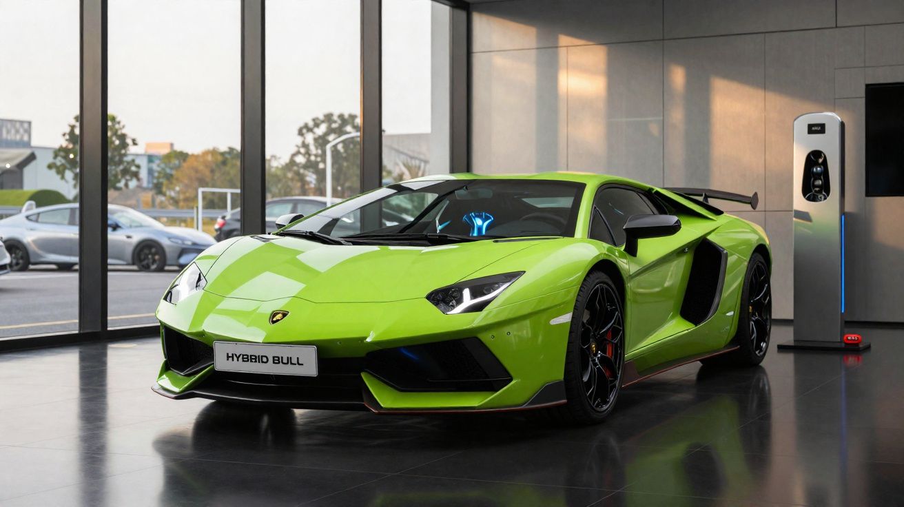 Carro desportivo verde elétrico estacionado em espaço fechado ao lado de carregador elétrico.