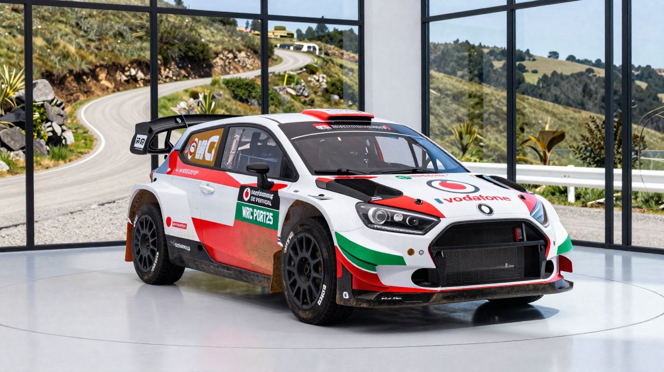 Carro de rali branco, vermelho, verde e preto, com patrocínio Vodafone, em expositor com janelas panorâmicas.