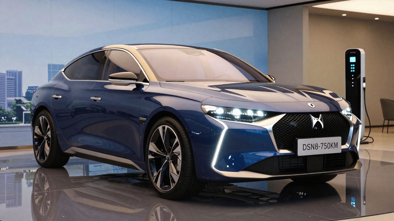 Carro elétrico azul DS 9, com luzes ligadas, estacionado em showroom com posto de carregamento ao fundo.