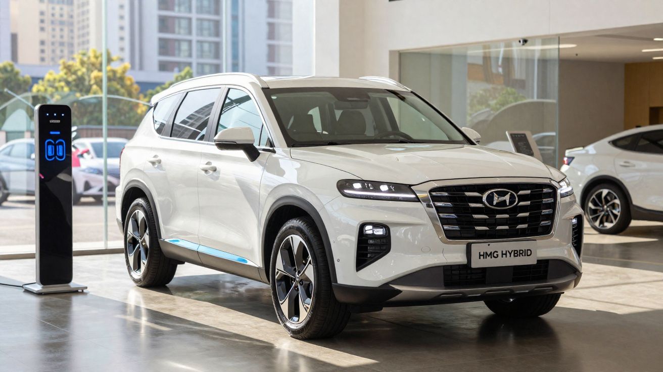 Automóvel SUV híbrido branco Hyundai HMG estacionado junto a posto de carregamento interior.