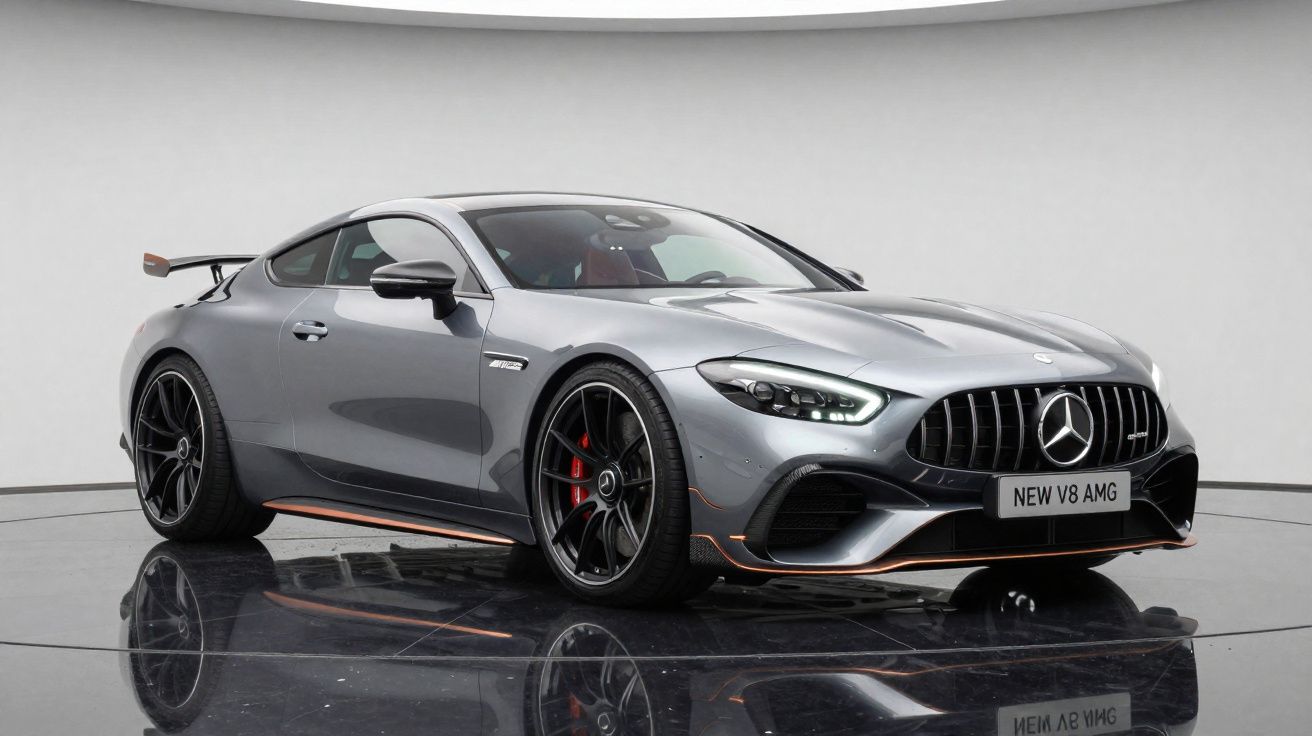 Carro desportivo Mercedes-Benz AMG cinzento metálico com detalhes laranja, visto em estúdio minimalista.