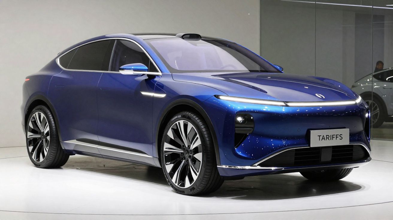 Carro elétrico SUV azul moderno exibido em ambiente interno com iluminação suave.