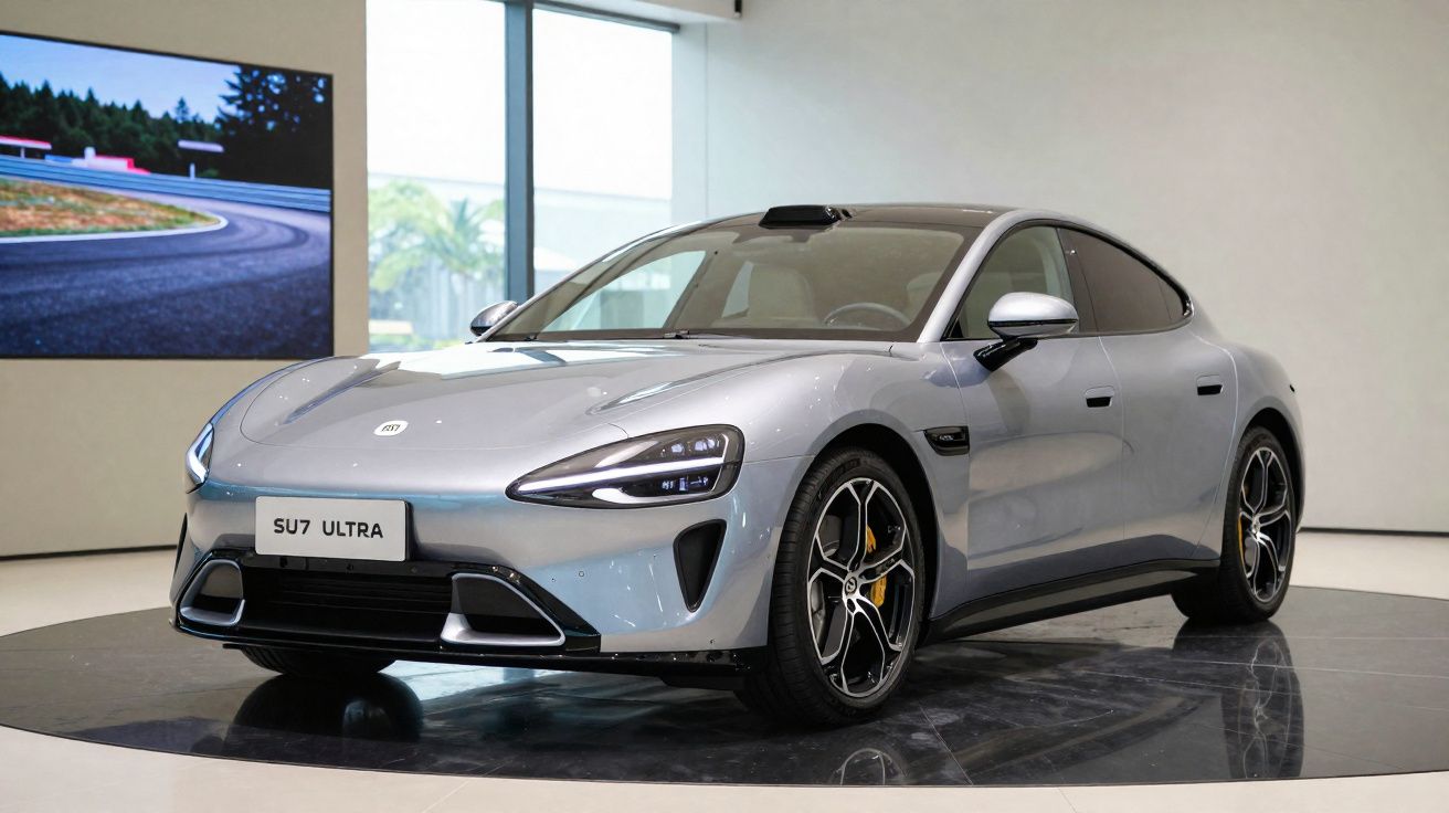 Carro elétrico cinzento moderno modelo SU7 Ultra apresentado em exposição interior.
