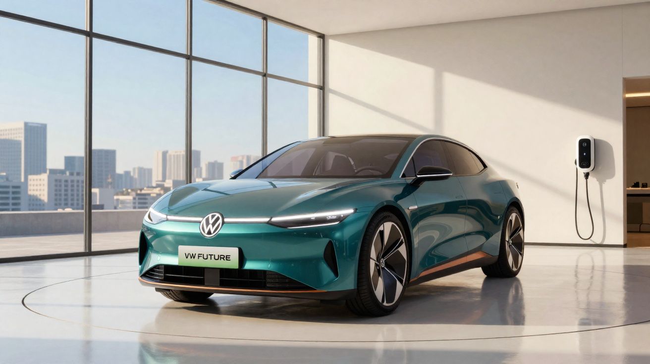Automóvel elétrico Volkswagen futurista verde exposto num espaço moderno com janelas grandes e carregador na parede.