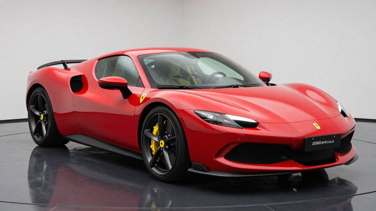 Ferrari 298 Speciale vermelha estacionada em chão refletor sob parede branca.