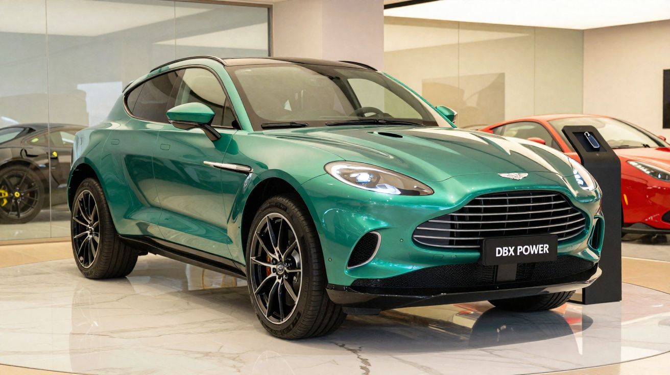 Carro desportivo SUV Aston Martin DBX Power verde exposto numa sala com chão de mármore.