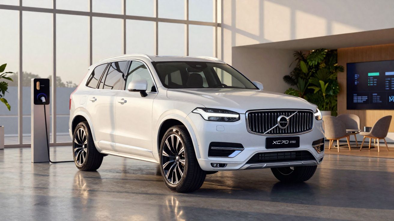 Carro elétrico Volvo XC70 branco a carregar numa estação numa sala moderna com luz natural.