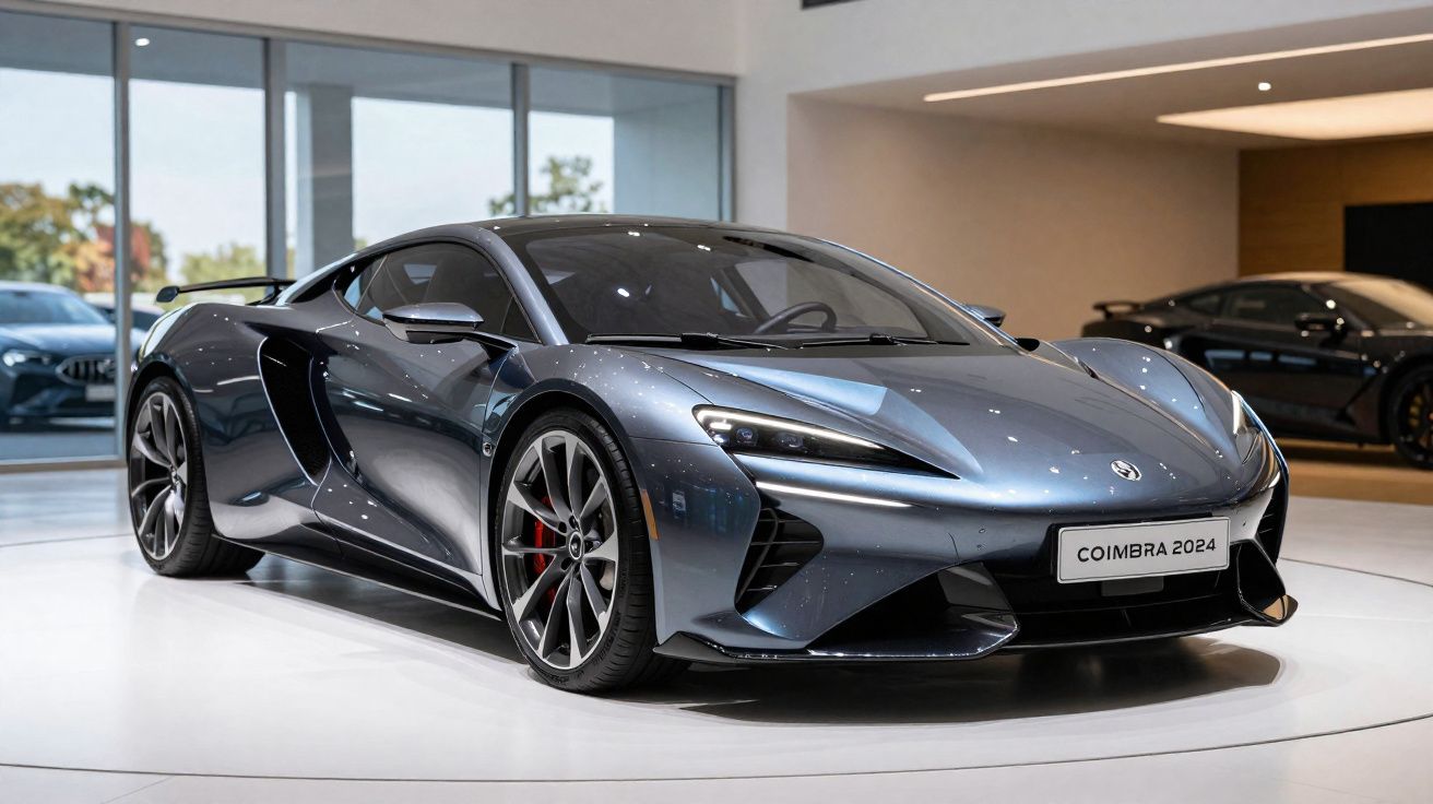 Carro desportivo cinzento metálico exibido em salão, com placa a dizer Coimbra 2024.