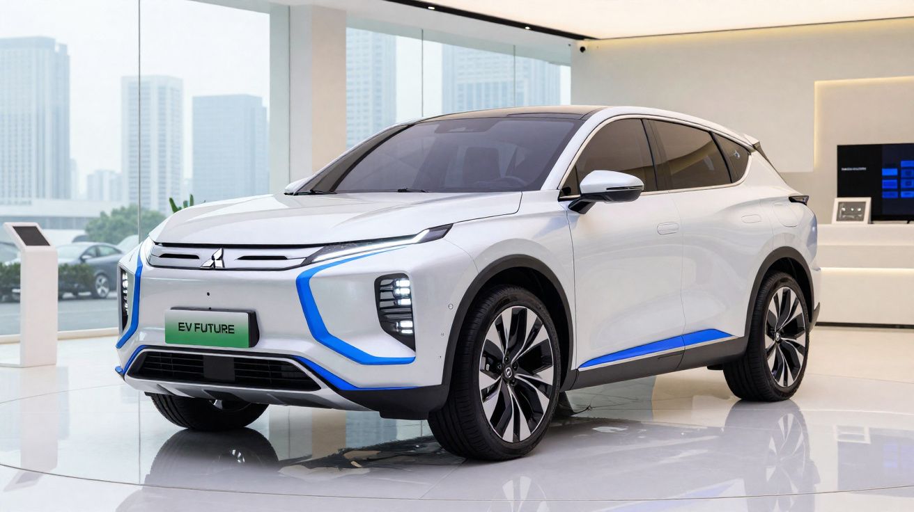 Carro elétrico branco Mitsubishi EV Future apresentado num showroom moderno com janelas grandes e cidade ao fundo.