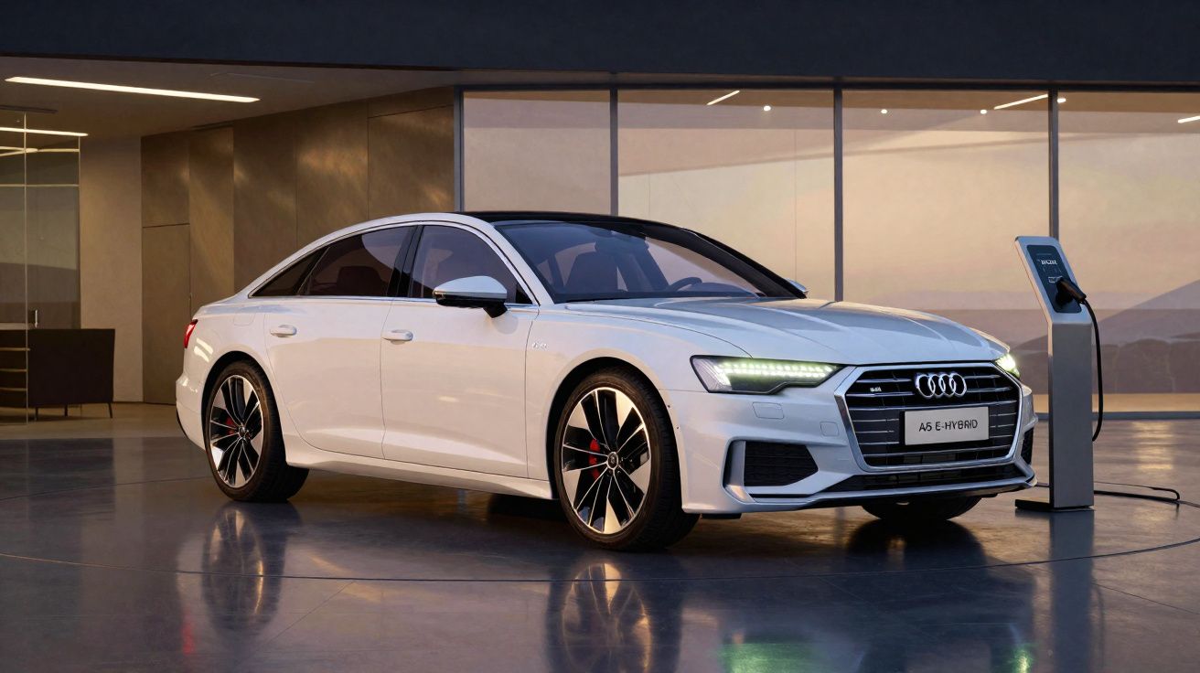 Carro Audi A6 e-híbrido branco a carregar numa estação de carregamento em espaço moderno e minimalista.