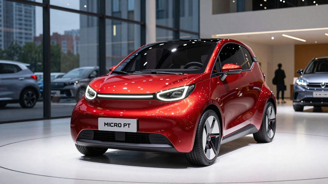 Carro elétrico compacto vermelho Micro PT exposto em sala moderna com vidro e iluminação interior.