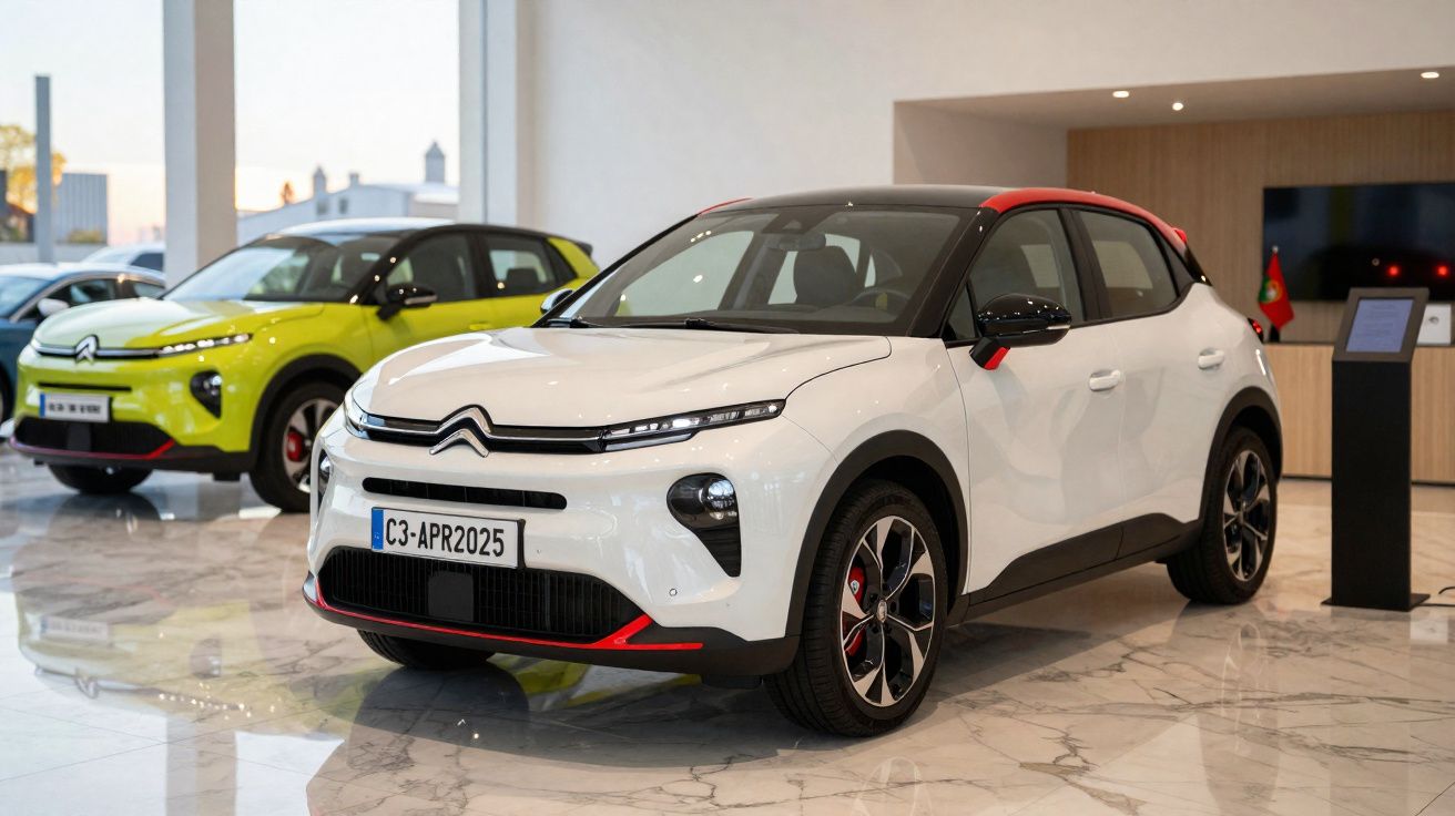 Dois carros Citroën C3 modernos, um branco com detalhes vermelhos em primeiro plano e outro amarelo ao fundo, numa exposição 