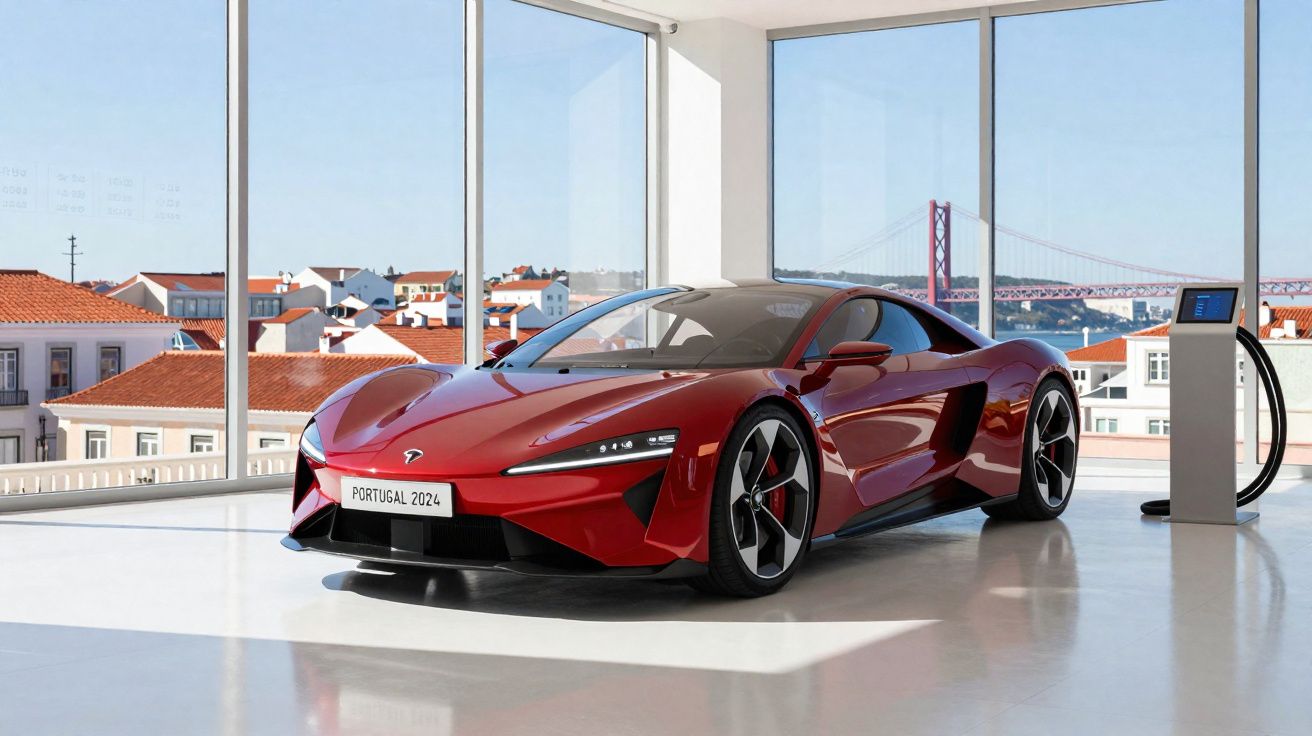 Carro desportivo elétrico vermelho num espaço moderno com janela grande e vista para Lisboa e a ponte 25 de Abril.