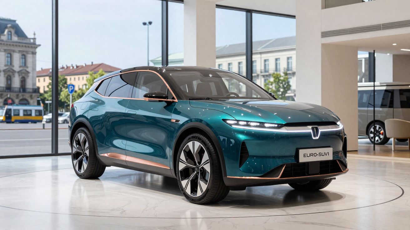 Carro elétrico SUV verde escuro exposto numa sala de showroom com janelas amplas e vista urbana.