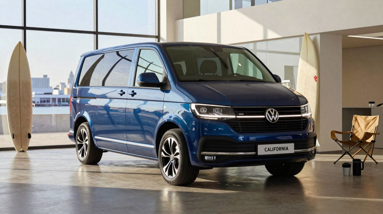 Carrinha Volkswagen California azul estacionada em espaço interior moderno com prancha de surf e cadeira de campismo.