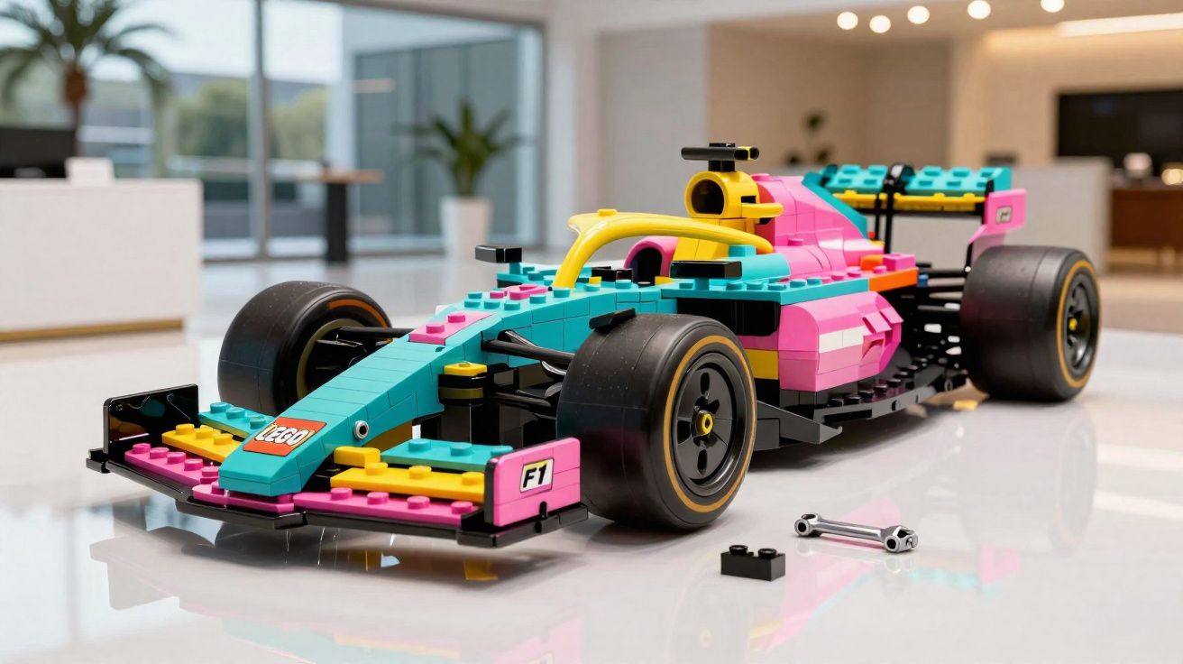 Carro de Fórmula 1 colorido montado com peças de Lego sobre uma superfície branca brilhante.