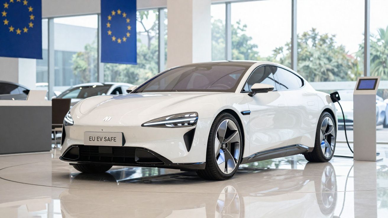 Carro elétrico branco estacionado no interior com bandeiras europeias e posto de carregamento ligado.