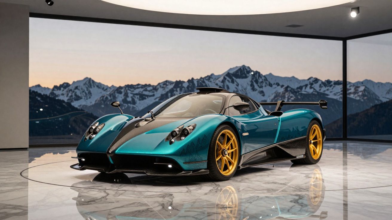 Carro desportivo azul com jantes douradas exposto num espaço interior com vista para montanhas nevadas ao pôr do sol.