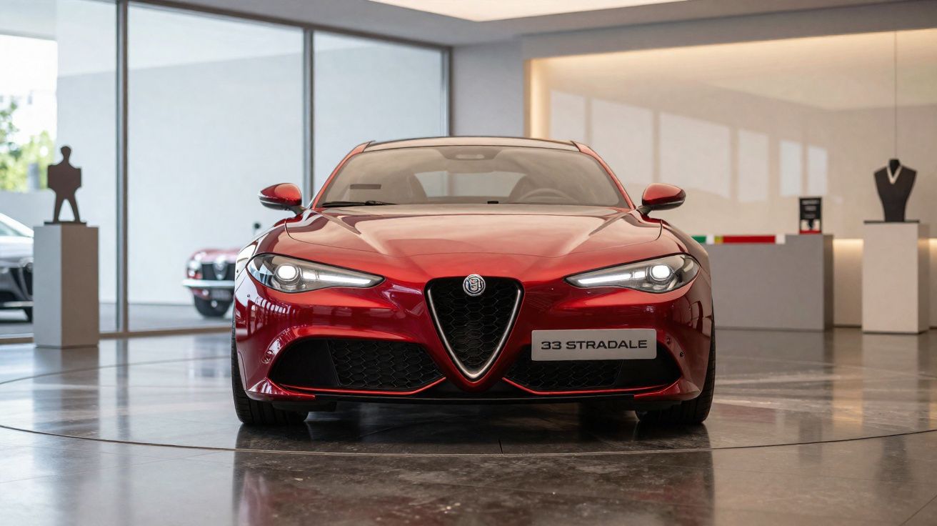 Carro desportivo Alfa Romeo 33 Stradale vermelho exposto em salão moderno e iluminado.