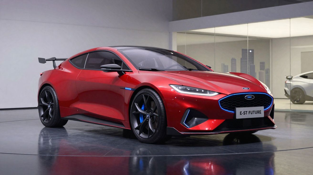 Carro desportivo elétrico vermelho Ford E-ST Future estacionado em ambiente moderno e minimalista.