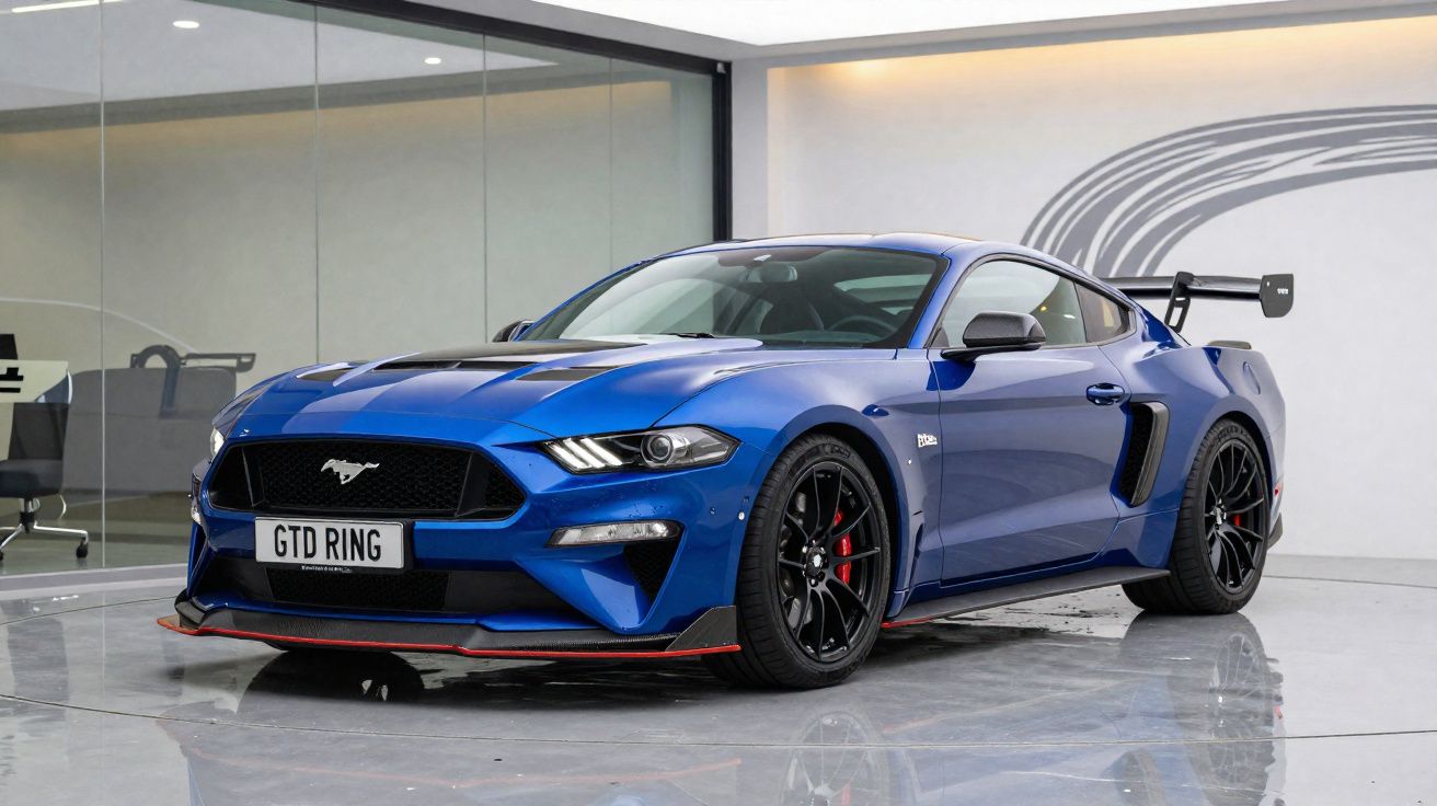 Ford Mustang GT em azul com spoiler traseiro, estacionado em piso de garagem moderna.