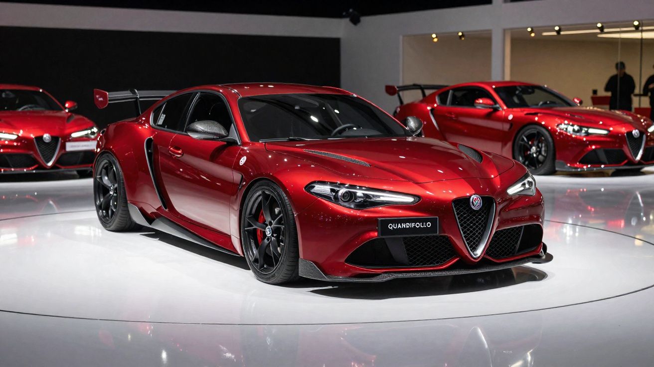 Carro desportivo vermelho Alfa Romeo Quadrifoglio exibido numa sala de exposições com dois carros ao fundo.