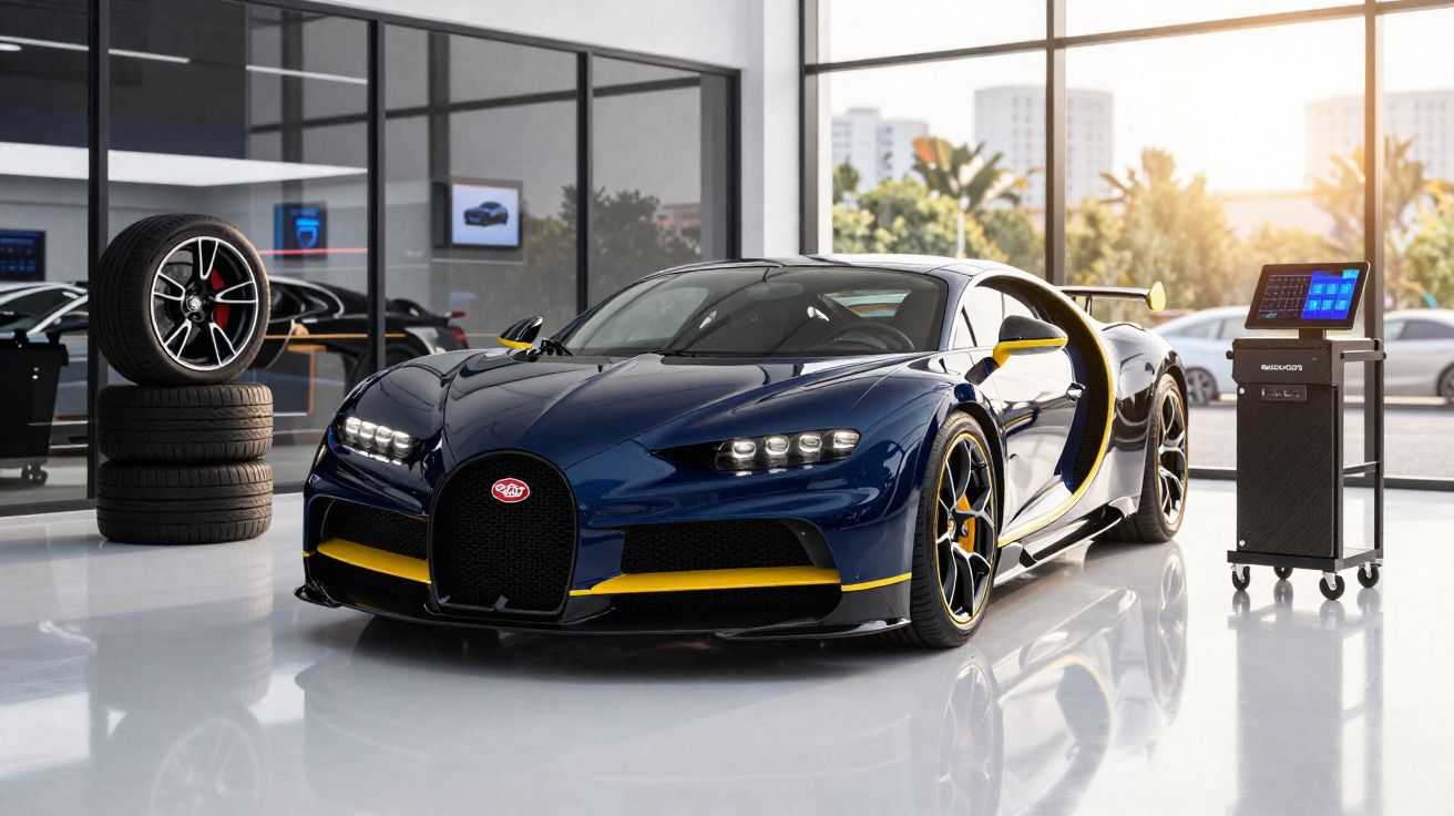 Carro desportivo Bugatti azul escuro com detalhes amarelos numa oficina moderna com janelas grandes.