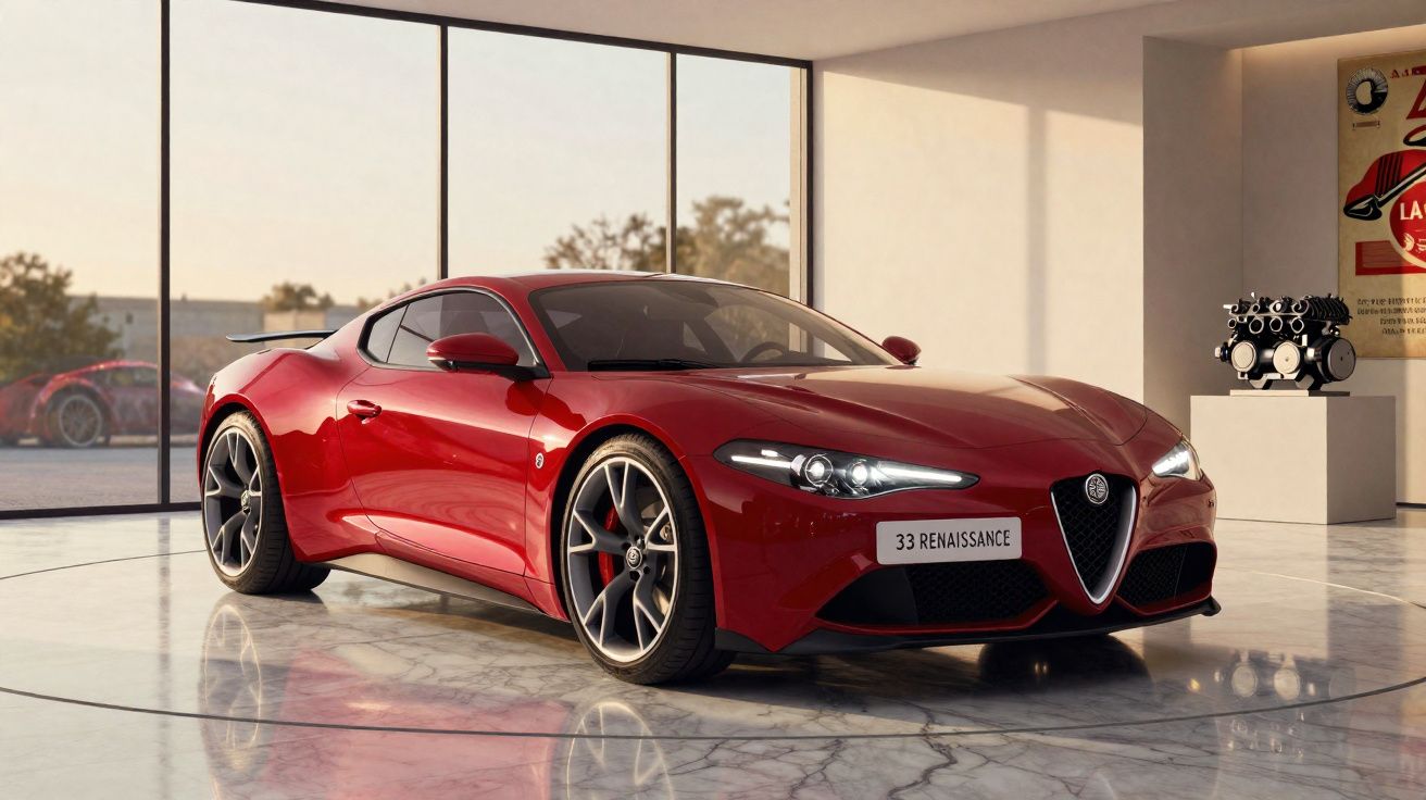 Carro desportivo vermelho Alfa Romeo 33 Renaissance estacionado em salão com janelas amplas e piso mármore.