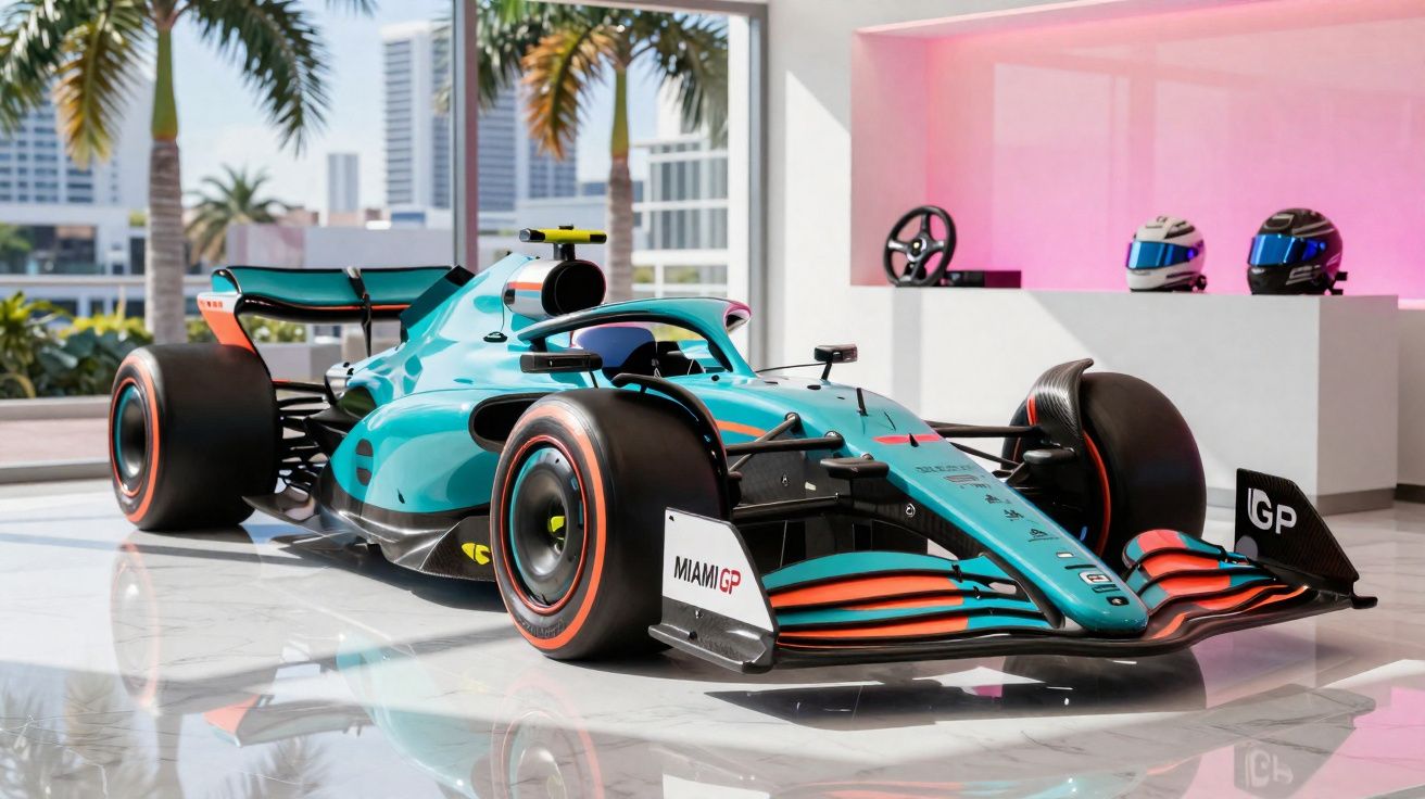 Carro de Fórmula 1 azul e laranja exposto em showroom com capacetes e volante ao fundo.