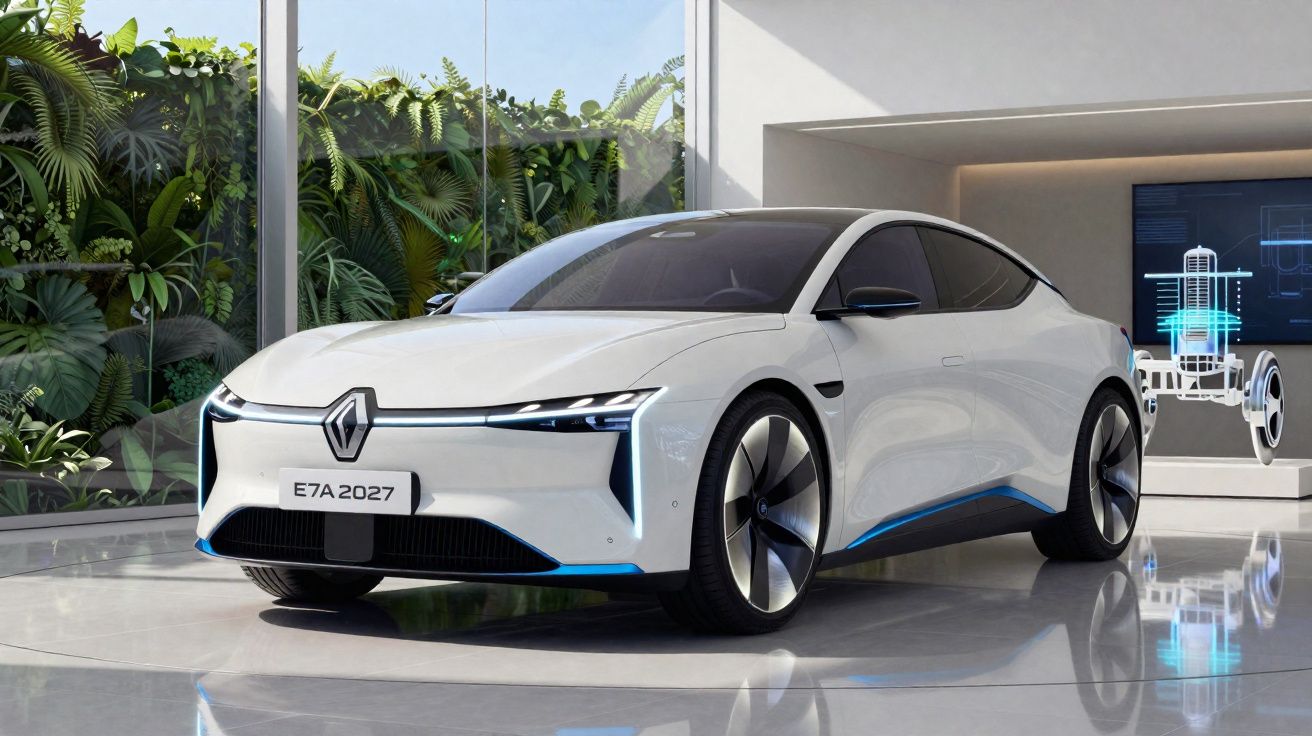 Carro elétrico branco futurista Renault E7A 2027 em sala moderna com plantas ao fundo.