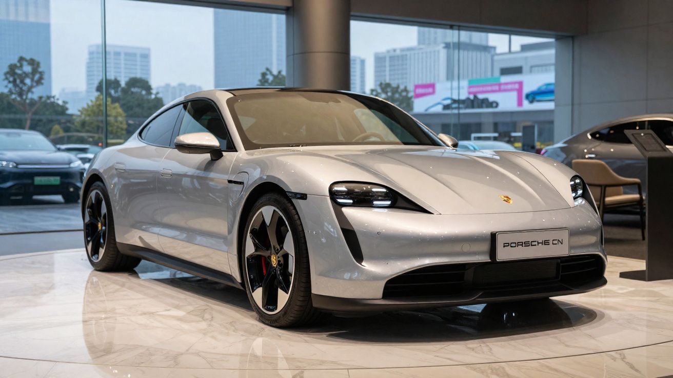 Carro desportivo eléctrico Porsche prata exposto numa sala de vendas moderna com vidros amplos.