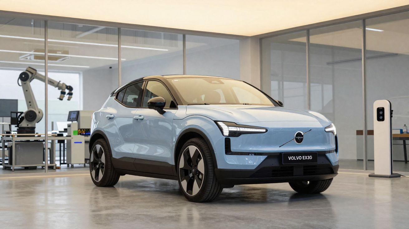 Carro elétrico Volvo EX30 azul estacionado numa garagem moderna com robô e estação de carregamento.