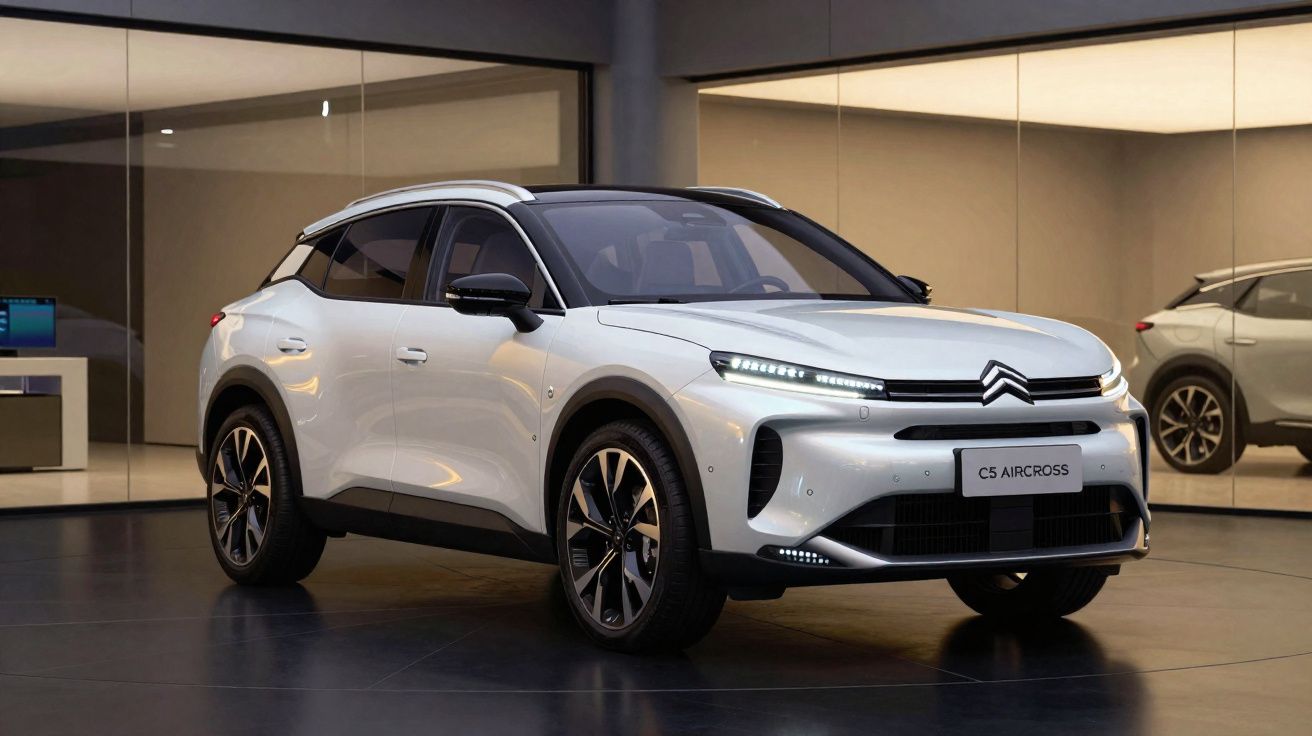 Carro Citroën C5 Aircross branco estacionado em ambientes interiores modernos com iluminação suave.