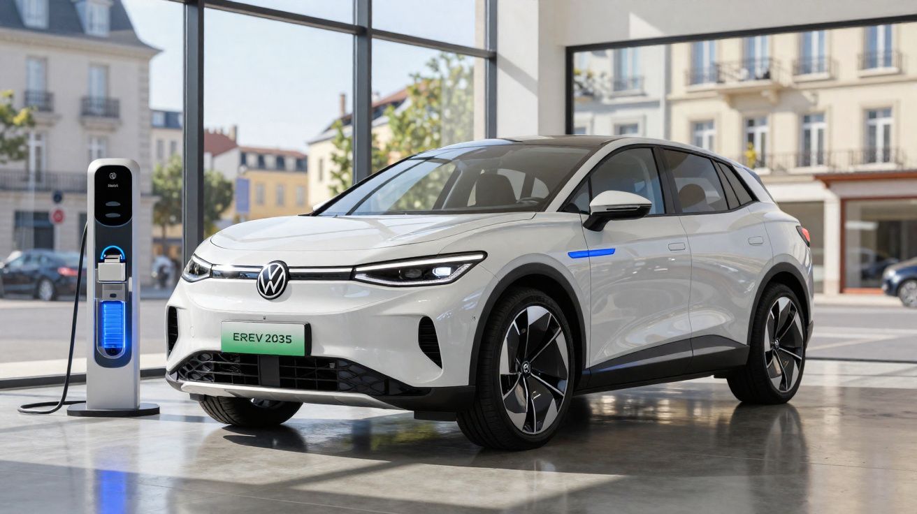 Carro elétrico branco Volkswagen EREV 2035 em carregador numa garagem moderna com janelas amplas.