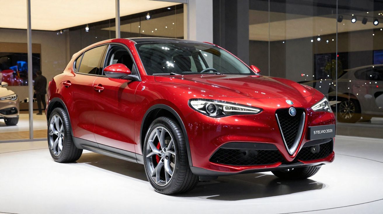 Carro SUV Alfa Romeo Stelvio 2026 vermelho exposto em salão automóvel com iluminação artificial.