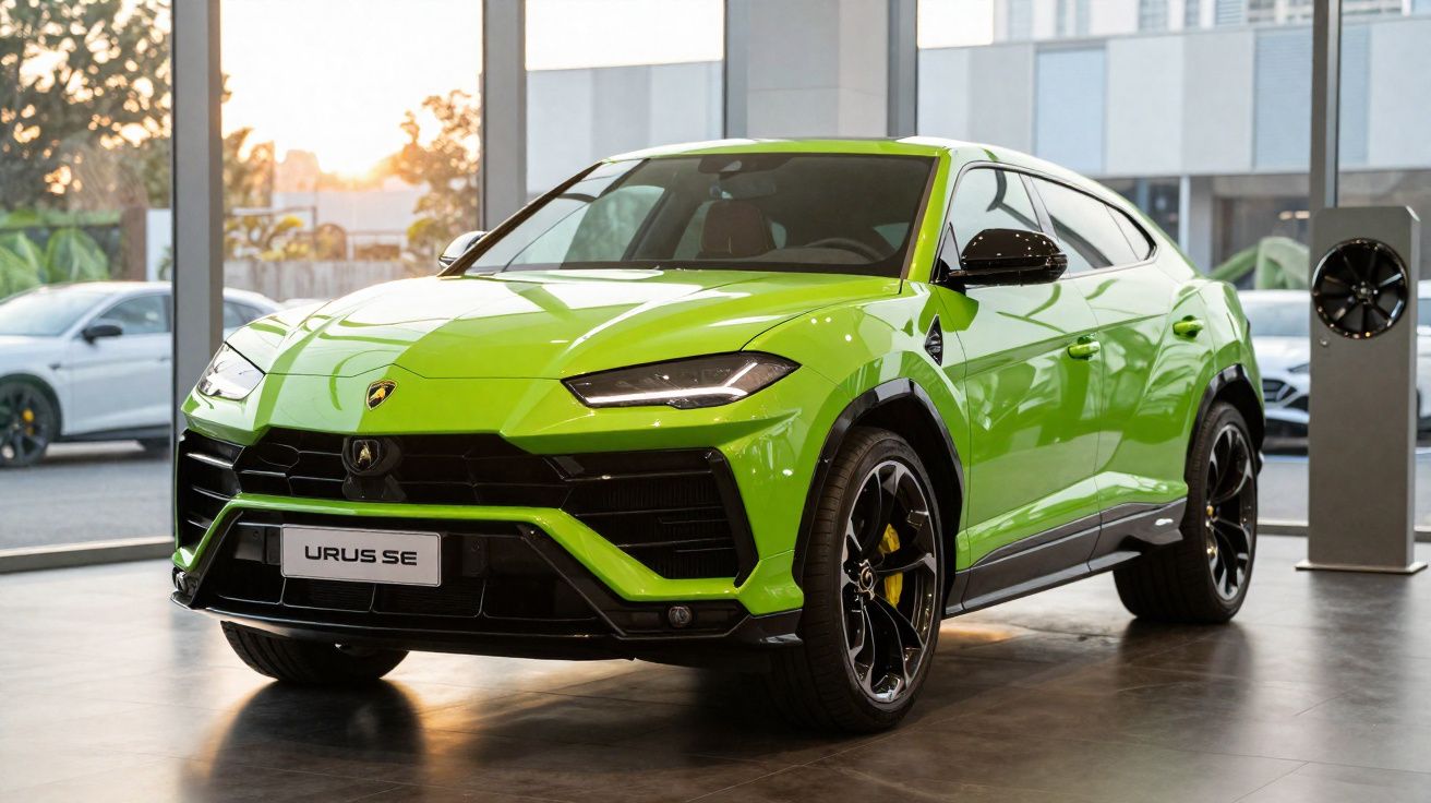 Carro Lamborghini Urus SE verde brilhante em exposição numa sala com teto e paredes de vidro.