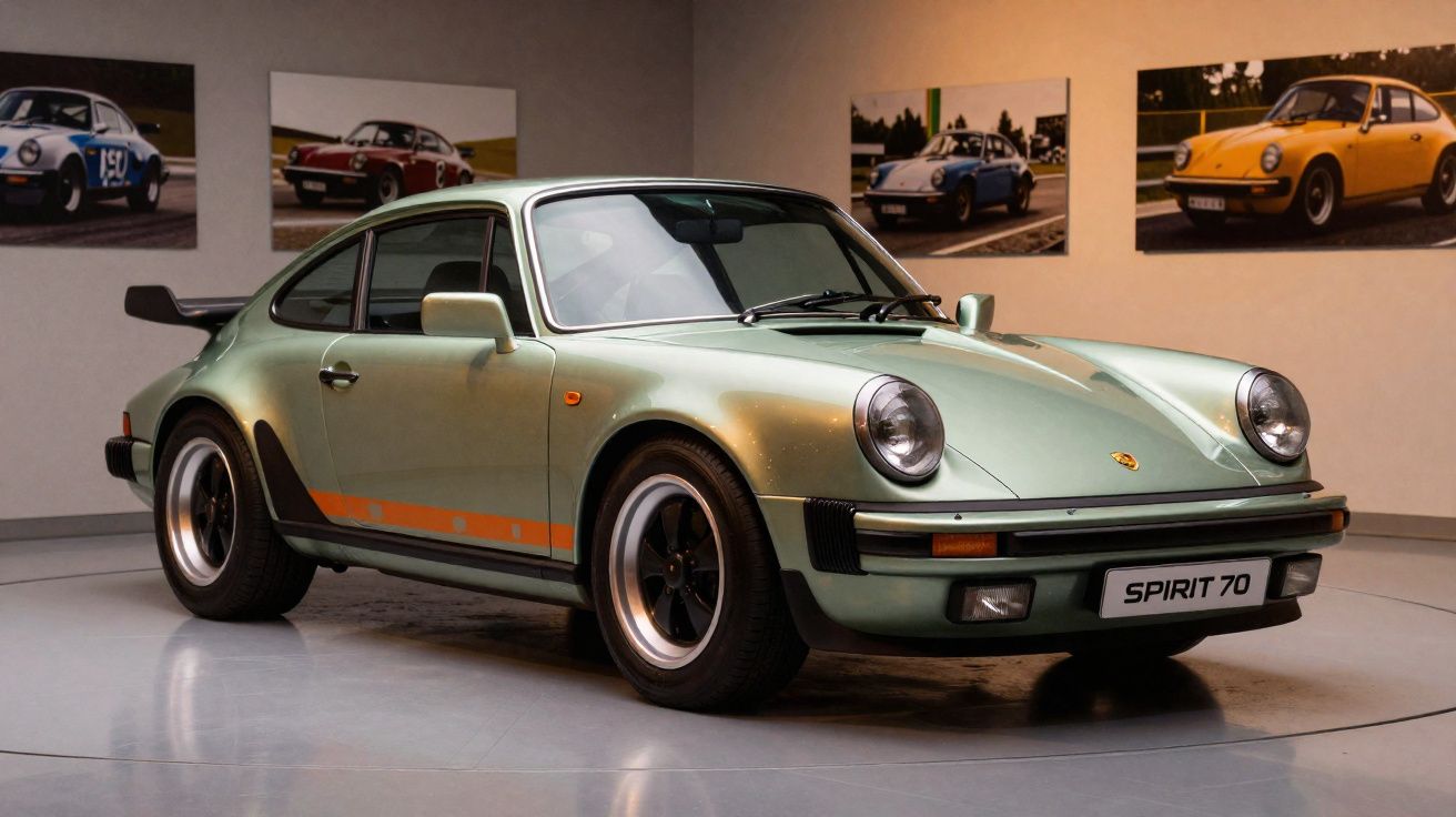 Carro desportivo Porsche clássico verde metalizado, modelo Spirit 70, exposto em museu com fotos de carros nas paredes.
