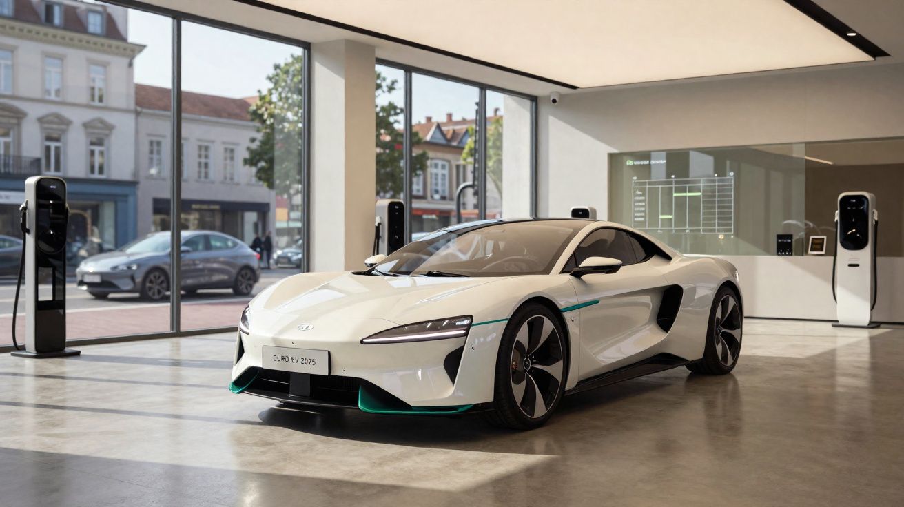 Carro elétrico branco futurista num espaço fechado com carregadores e janelas grandes para a rua.