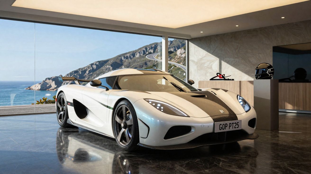 Carro desportivo branco estacionado num interior moderno com vista para o mar e montanhas.