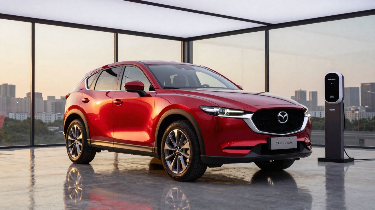 Carro elétrico vermelho Mazda CX-5 estacionado em espaço moderno com recarga elétrica e vista urbana ao fundo.