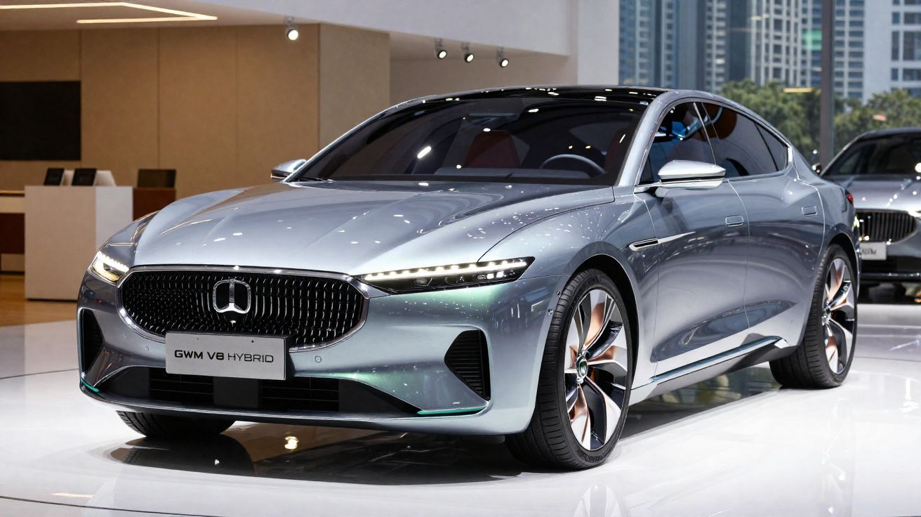 Automóvel híbrido GWM V8 prateado exposto num salão automóvel moderno, com iluminação branca.