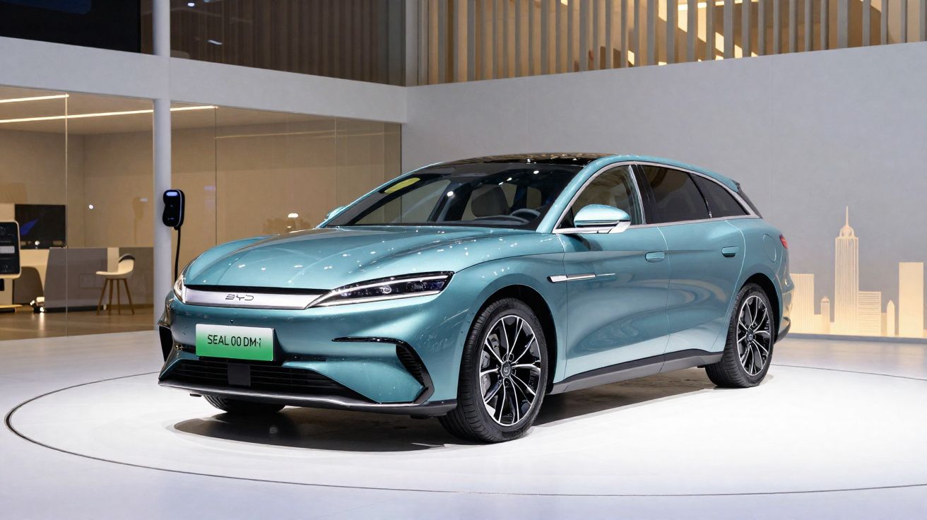 Carro elétrico cinza claro em exposição moderna numa sala com iluminação suave e superfície branca.