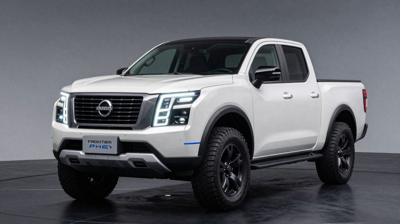 Pick-up Nissan Frontier PHEV branca vista de frente, com pneus robustos e luzes LED acesas.