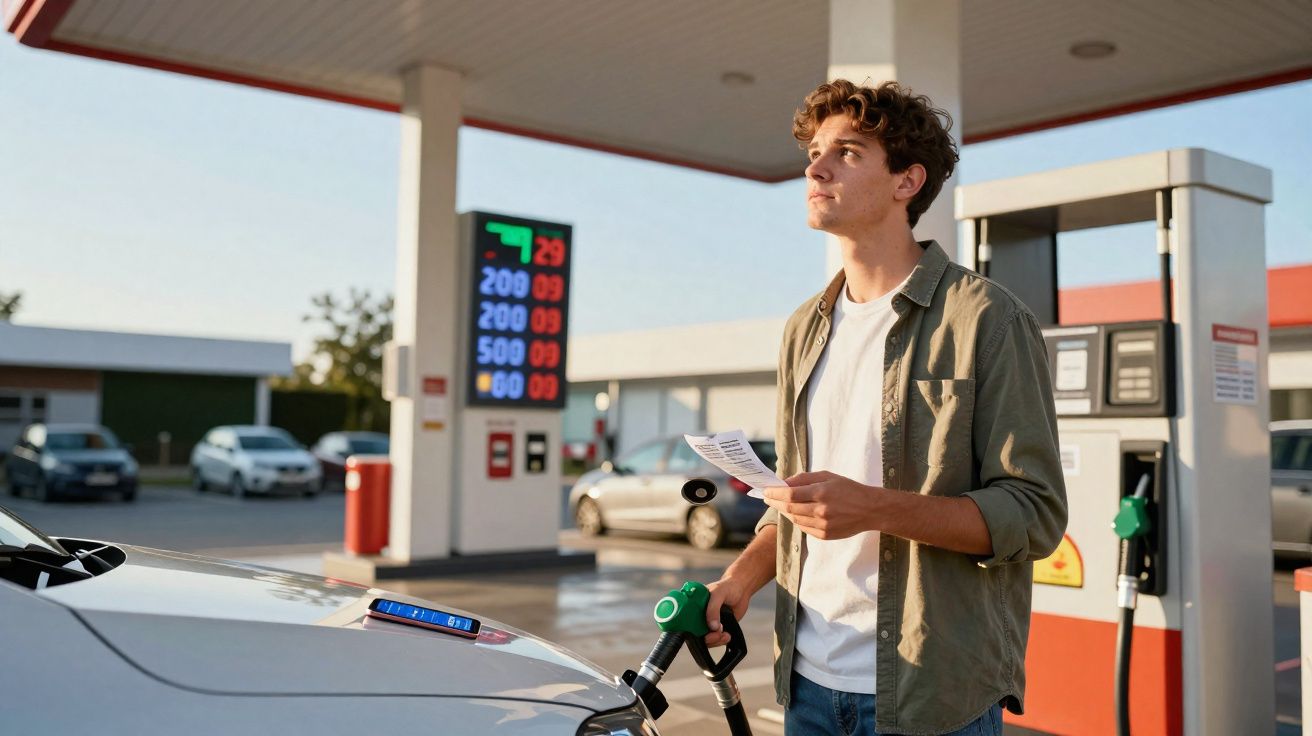 Jovem a abastecer carro numa bomba de gasolina enquanto consulta recibo numa estação de serviço ao fim da tarde.