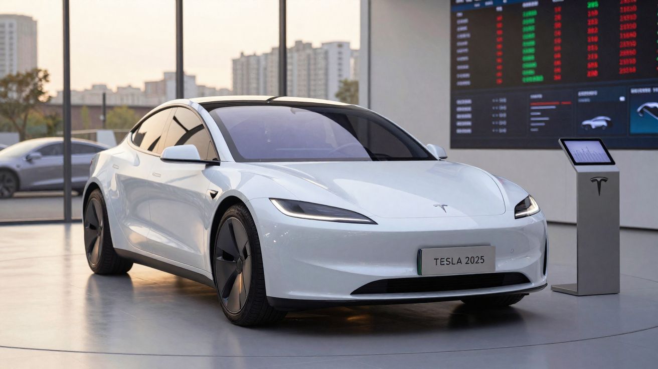 Carro elétrico branco Tesla 2025 exposto em salão, com painel digital e cidade ao fundo.