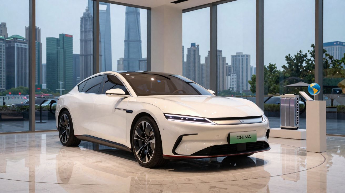 Carro elétrico branco exibido numa sala com grandes janelas e vista para arranha-céus na cidade.